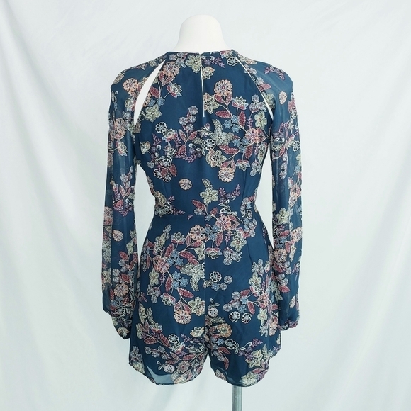 *Last Chance* Line + Dot Floral Romper w/Sheer Long Sleeves Blue Multi - Picture 5 of 12